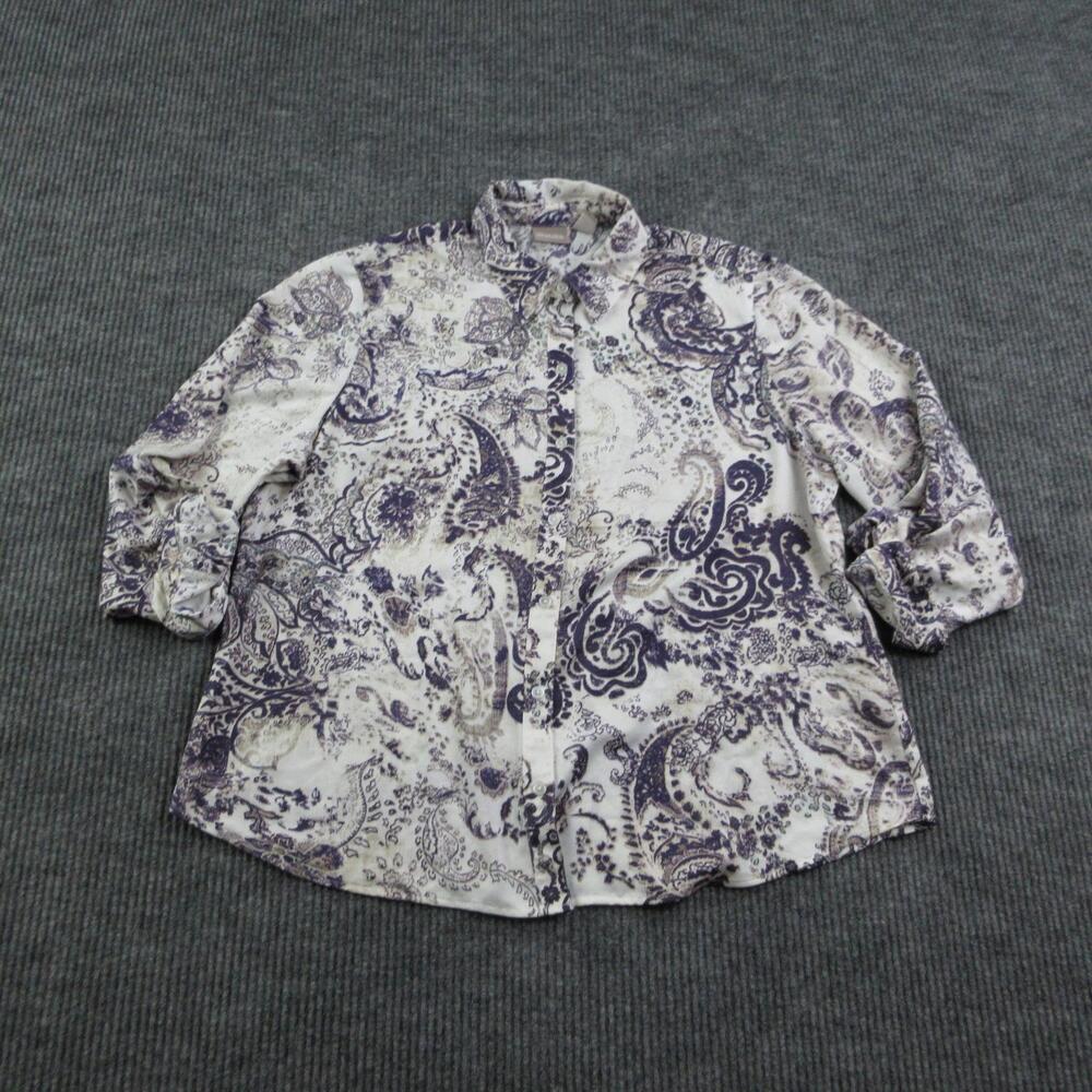 Chico's Shirt Womens 3 White Paisley Collared Long Sleeve Satin Relaxed Blouse